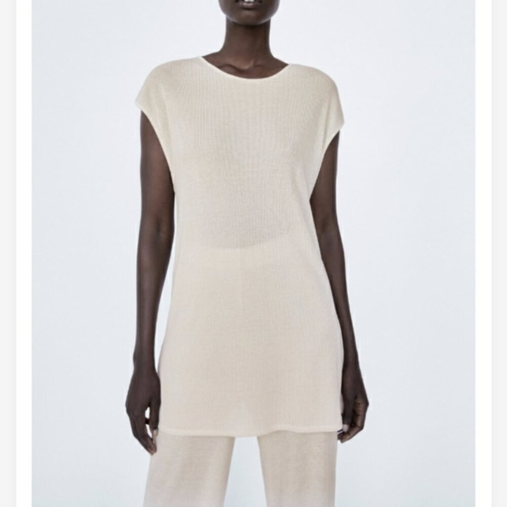 Zara Ribbed Hip Length Scoop Neck Top Sz S NWT